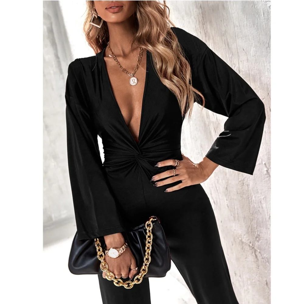 Twist Front Plunging V Black Jumpsuit - Picture 4 of 7